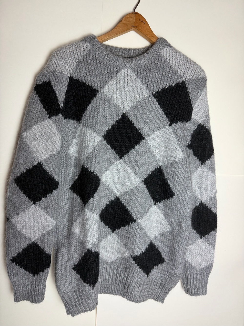 Zara Gray Black Argyle Wool Blend Oversized Crewneck Sweater Size L
